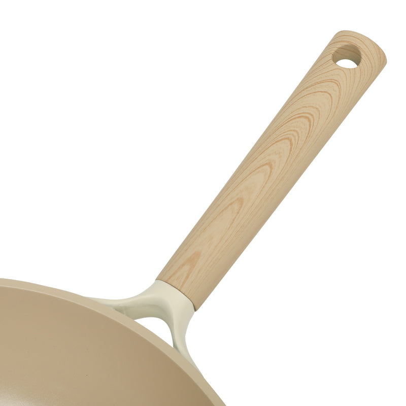 Gibson Elite Folkstone 12" Cast Aluminum Frying Pan - Linen - Nonstick Ceramic Interior - Induction Base - Wood Look Soft Touch Handle - Color Sleeve