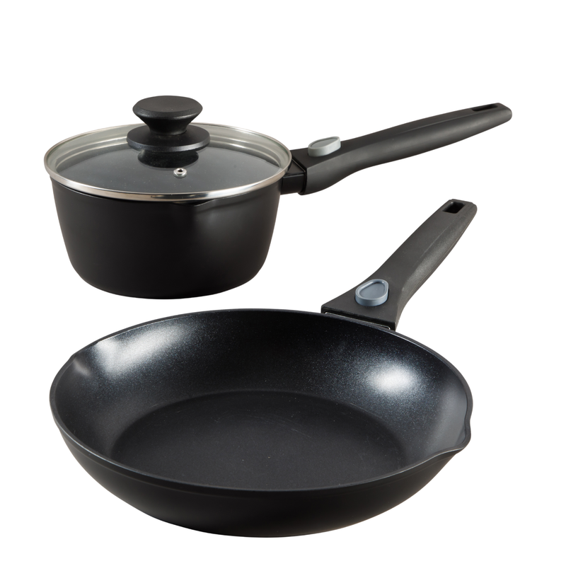 Oster Smarthandle Advance 4pc Forged Aluminum 1.8 qt Sauce Pan w/ Lid & 10" Frying Pan w/ Detachable Handle - Matte Black - Non-Stick Interior - Induction Base - Bakelite Handle - Gift Box (Open Window)