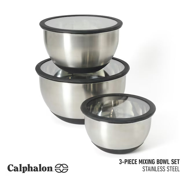 Calphalon Orbit 3 pc (5.1qt, 2.9qt, & 1.6qt) Stainless Steel Mixing Bowls w/ Silicone Rim & Glass Lid - Gift Box
