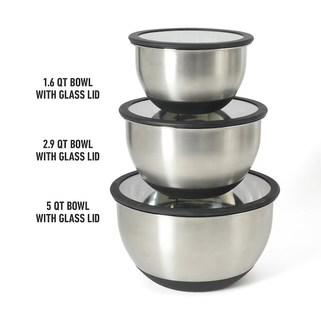 Calphalon Orbit 3 pc (5.1qt, 2.9qt, & 1.6qt) Stainless Steel Mixing Bowls w/ Silicone Rim & Glass Lid - Gift Box