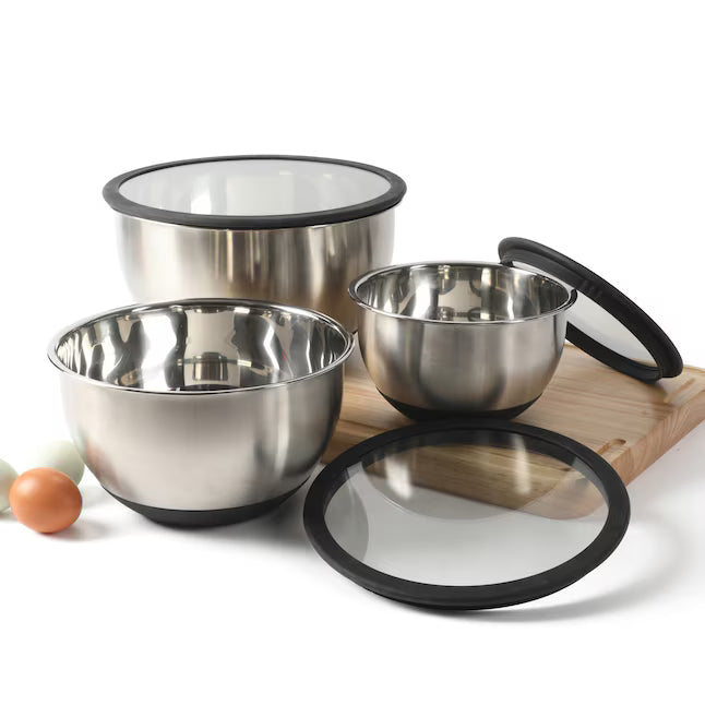 Calphalon Orbit 3 pc (5.1qt, 2.9qt, & 1.6qt) Stainless Steel Mixing Bowls w/ Silicone Rim & Glass Lid - Gift Box