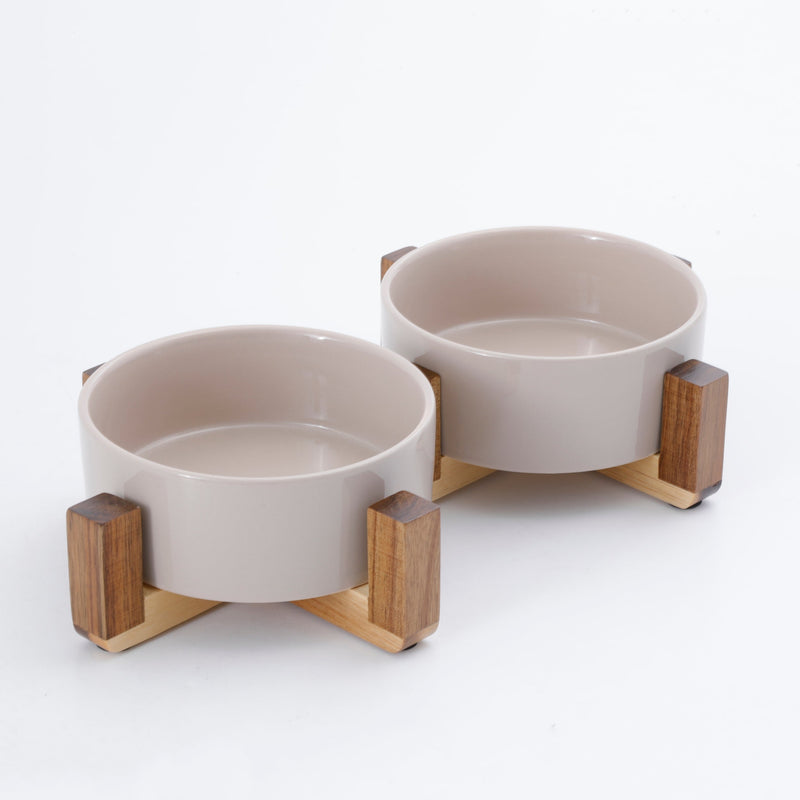 Gibson Home Zoomie Bites 2 pc 5.5" Solid Color Stoneware Pet Bowls w/ Acacia Wood Stand - Open Stock w/ UPC Label