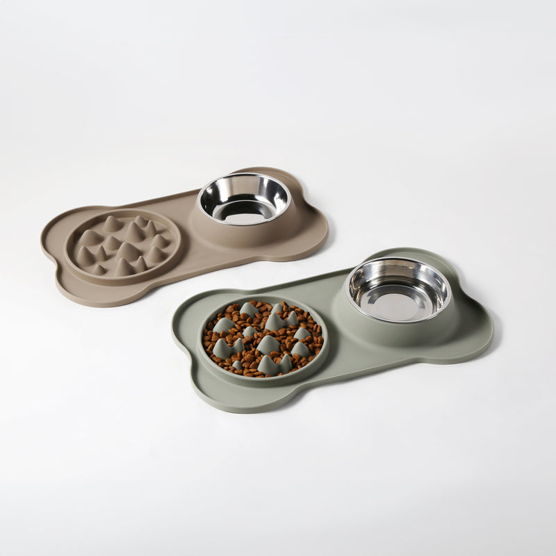 Gibson Home Curious Canines 2 pc 16" Stainless Steel Bowl & Silicone Slow Feeder On Silicone Mat - Open Stock w/ Color Sleeve
