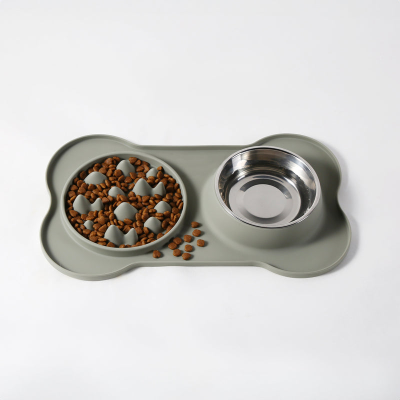 Gibson Home Curious Canines 2 pc 16" Stainless Steel Bowl & Silicone Slow Feeder On Silicone Mat - Open Stock w/ Color Sleeve