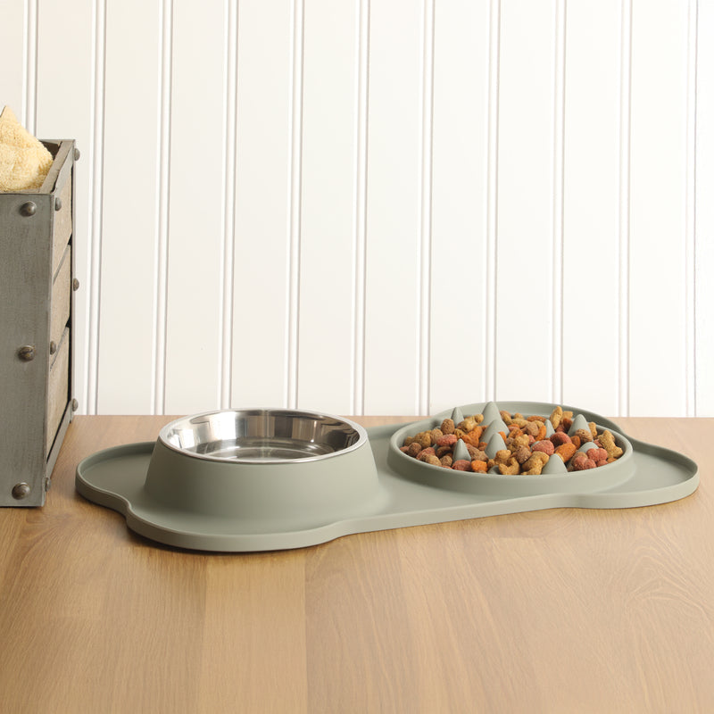 Gibson Home Curious Canines 2 pc 16" Stainless Steel Bowl & Silicone Slow Feeder On Silicone Mat - Open Stock w/ Color Sleeve