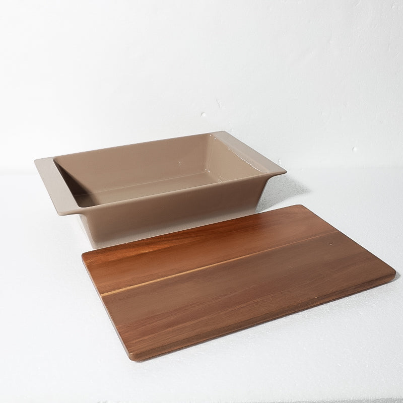 Gibson Elite Gracious Dining 2.75qt (2.6 Liter) Solid Color Stoneware Baker w/ Acacia Wood Lid - Color Sleeve