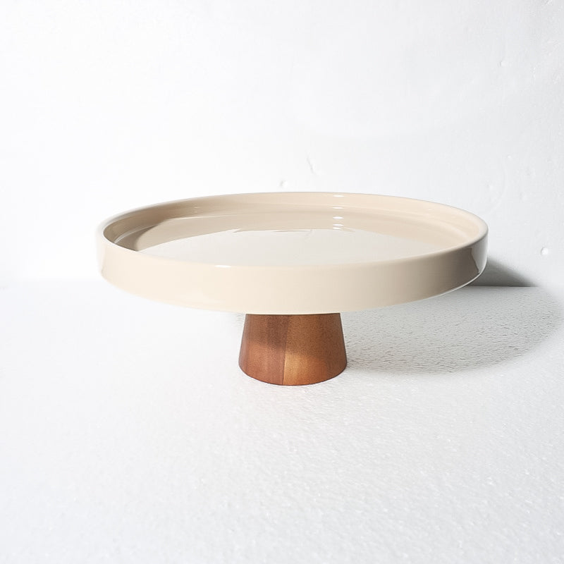 Gibson Elite Gracious Dining 10.7" x 4.5" Solid Color Stoneware Cake Stand w/ Acacia Wood Base - Color Sleeve