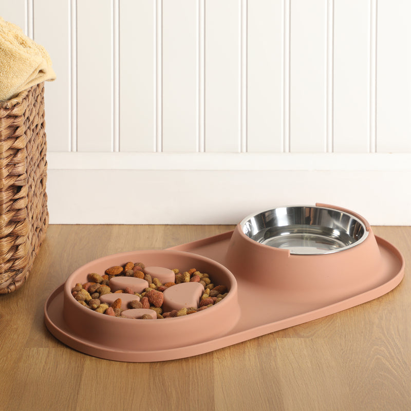 Gibson Home Curious Canines 2 pc 16" Stainless Steel Bowl & Silicone Slow Feeder On Silicone Mat - Open Stock w/ Color Sleeve
