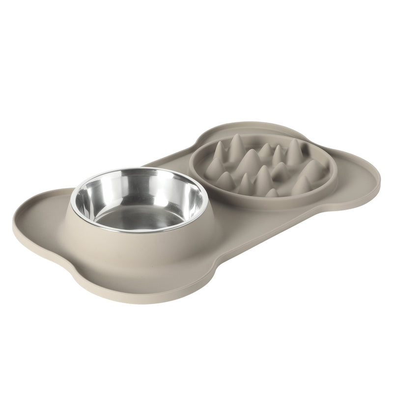 Gibson Home Curious Canines 2 pc 16" Stainless Steel Bowl & Silicone Slow Feeder On Silicone Mat - Open Stock w/ Color Sleeve