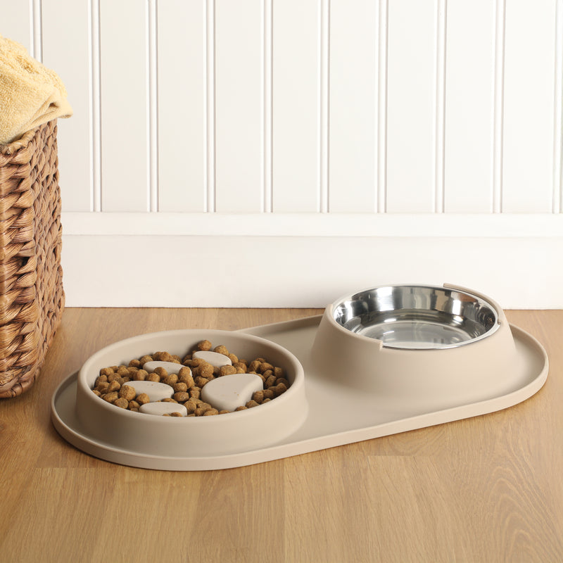 Gibson Home Curious Canines 2 pc 16" Stainless Steel Bowl & Silicone Slow Feeder On Silicone Mat - Open Stock w/ Color Sleeve