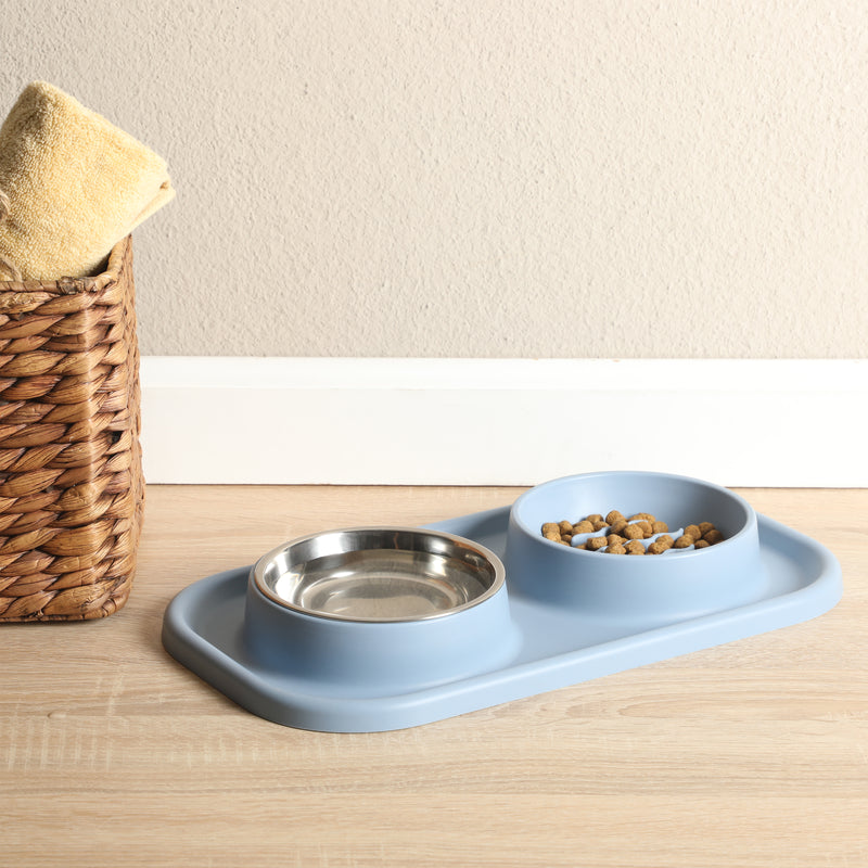 Gibson Home Curious Canines 15.25" Silicone Slow Feeder w/ Stainless Steel Pet Bowl Insert on Silicone Mat Double Bowl Slow Feeder - Open Stock w/ Color Label