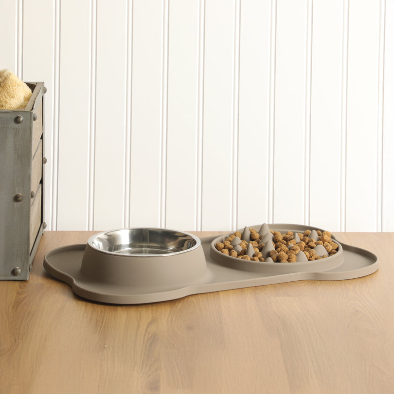 Gibson Home Curious Canines 2 pc 16" Stainless Steel Bowl & Silicone Slow Feeder On Silicone Mat - Open Stock w/ Color Sleeve