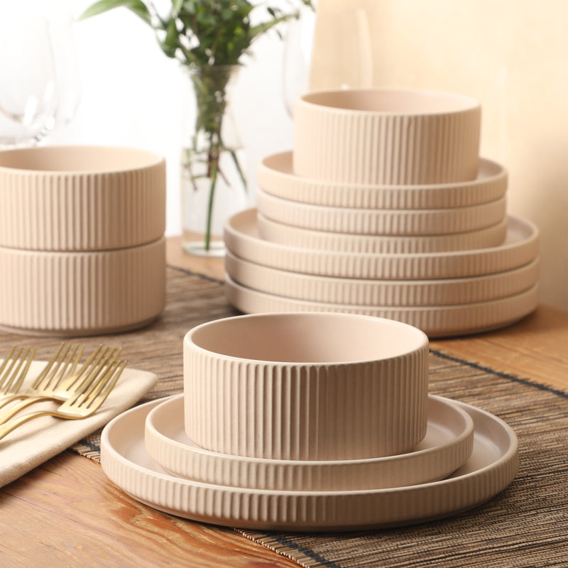 Gibson Elite Townscape 12 pc Reactive Glaze Stoneware Stackable Dinnerware Set - Gift Box w/ Remailer