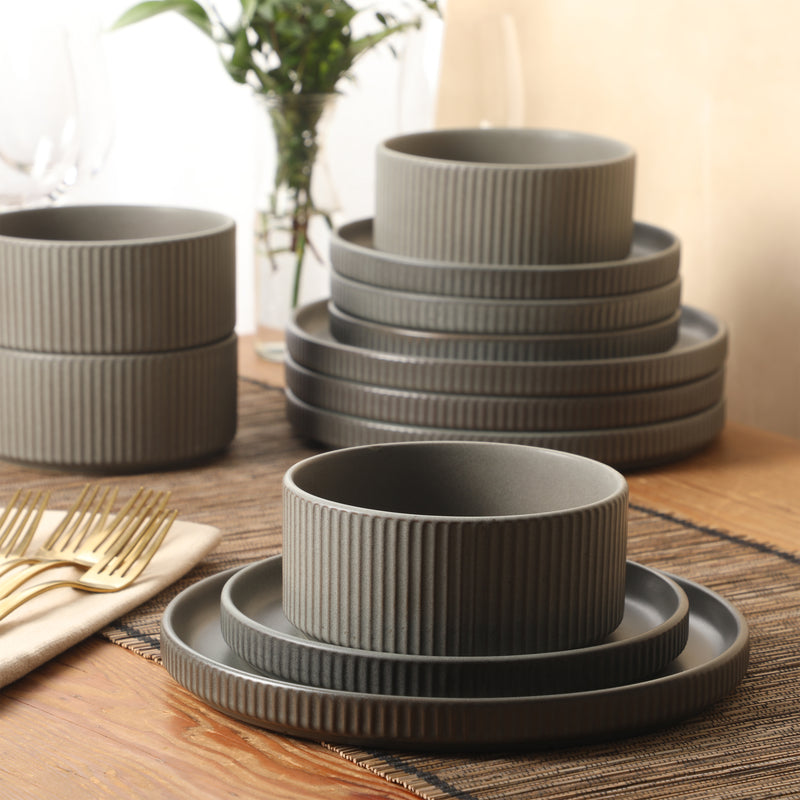 Gibson Elite Townscape 12 pc Reactive Glaze Stoneware Stackable Dinnerware Set - Gift Box w/ Remailer