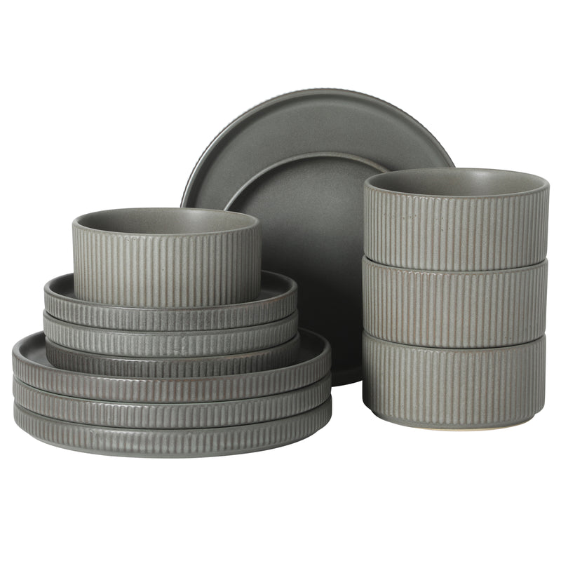 Gibson Elite Townscape 12 pc Reactive Glaze Stoneware Stackable Dinnerware Set - Gift Box w/ Remailer