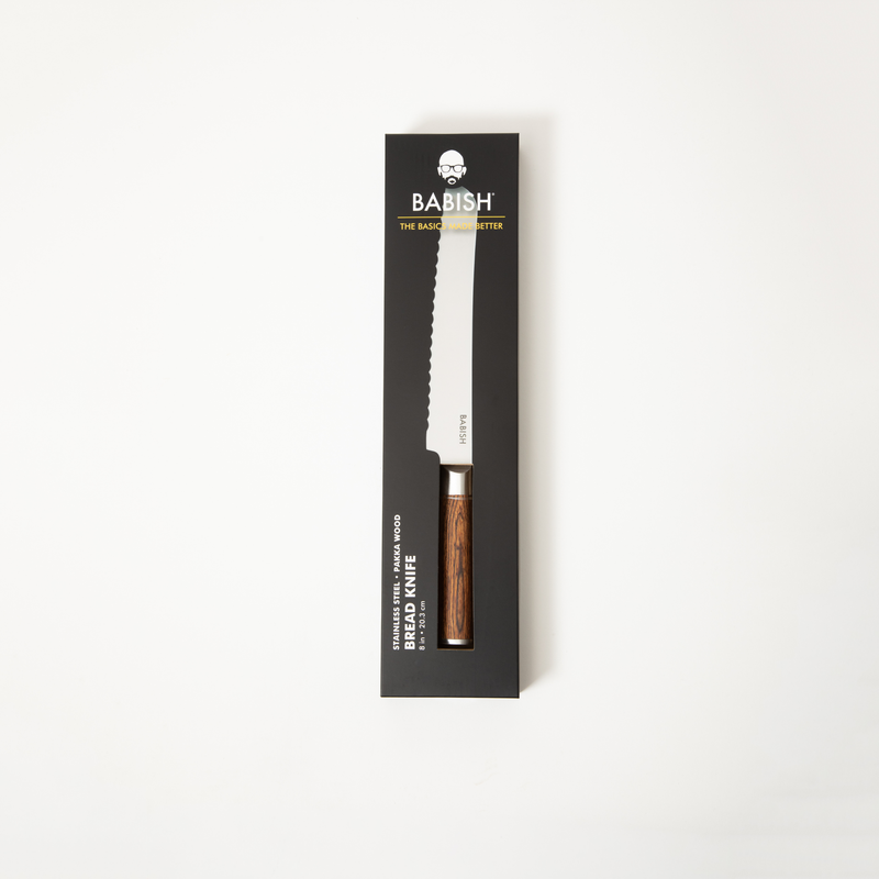 Babish 8" German Steel Bread Knife w/ Paka Wood Handle - Gift Box w/ Remailer