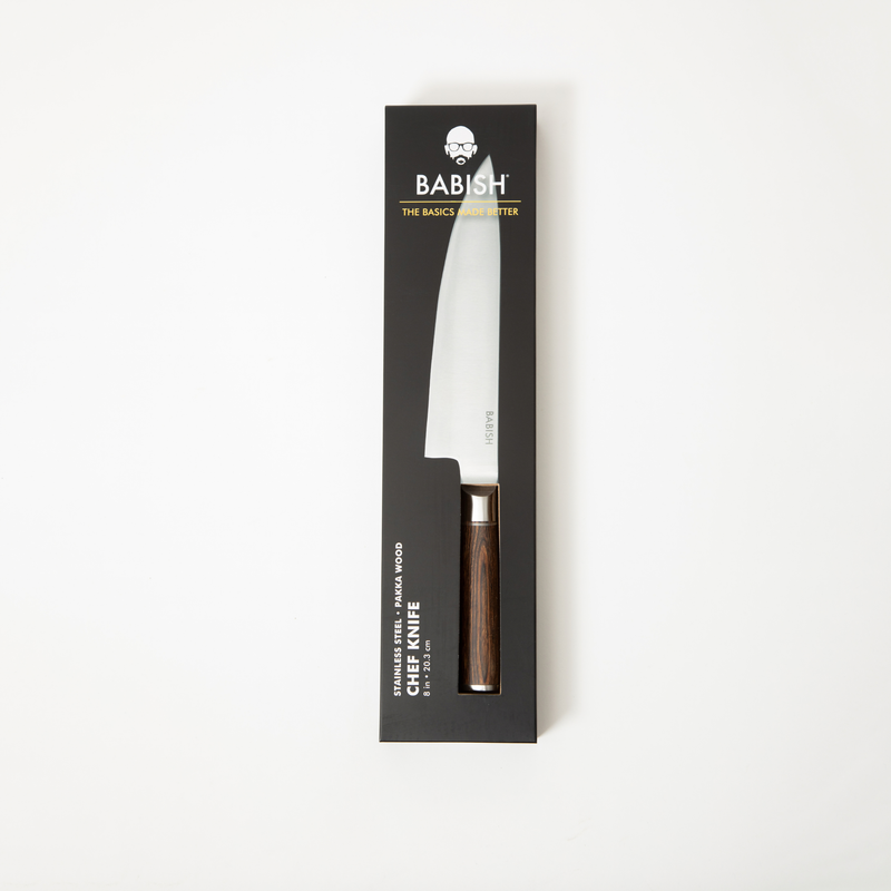 Babish 8" German Steel Chef Knife w/ Paka Wood Handle - Gift Box w/ Remailer