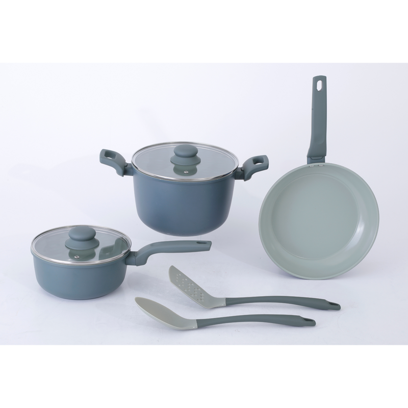Gibson Home Barnsdall 7 pc Aluminum Cookware Set w/ Kitchen Tools - Ceramic Non-Stick Interior - Soft Touch Bakelite Handle - Gift Box