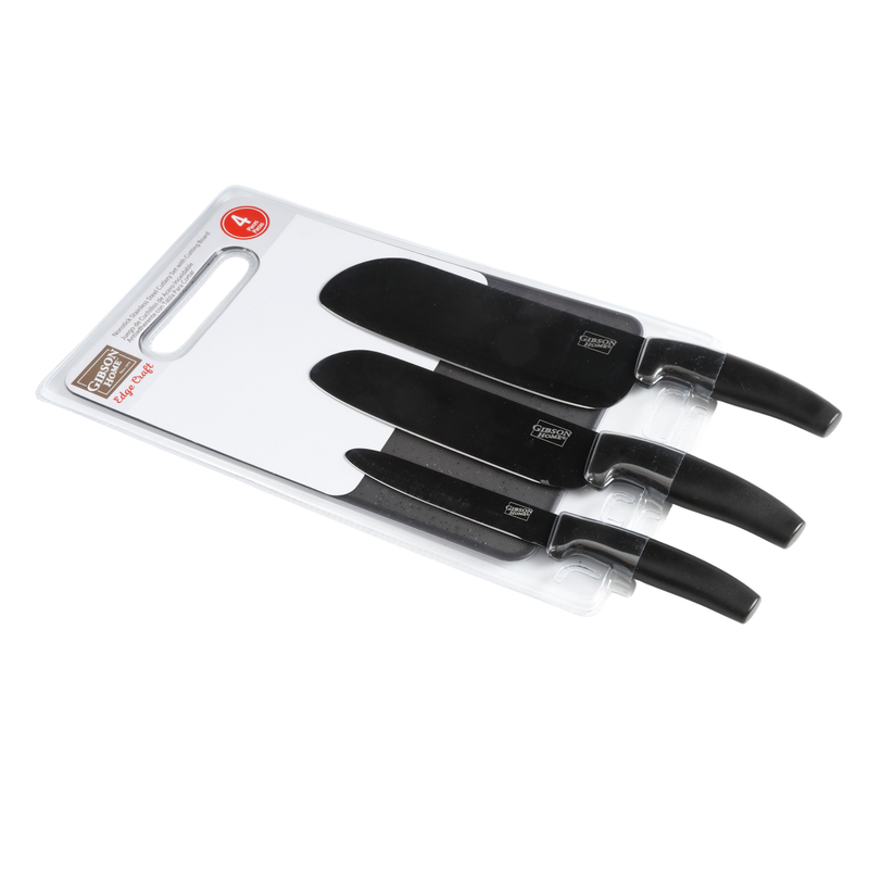 Gibson Home Edge Craft 4 pc Stainless Steel Cutlery Set w/ PP Grey Speckle Cutting Board - Black - Clam Pack