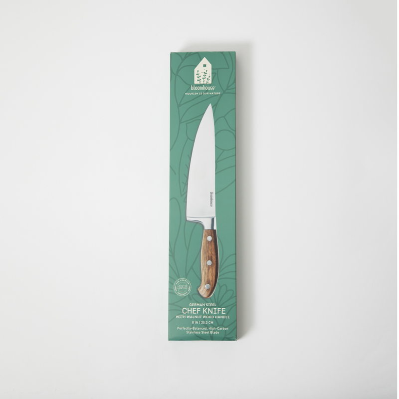 Bloomhouse 8" Stainless Steel Chef Knife - German Steel Blade - Walnut Wood Handle - Mirror Polish - GBX w/ Remailer
