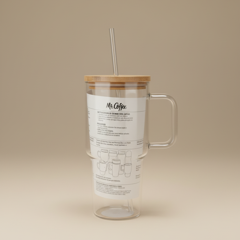 Mr. Coffee Crafted Calm 25oz Borosilicate Glass Travel Mug w/ PP Straw & Bamboo Lid - Open Stock w/ UPC Label