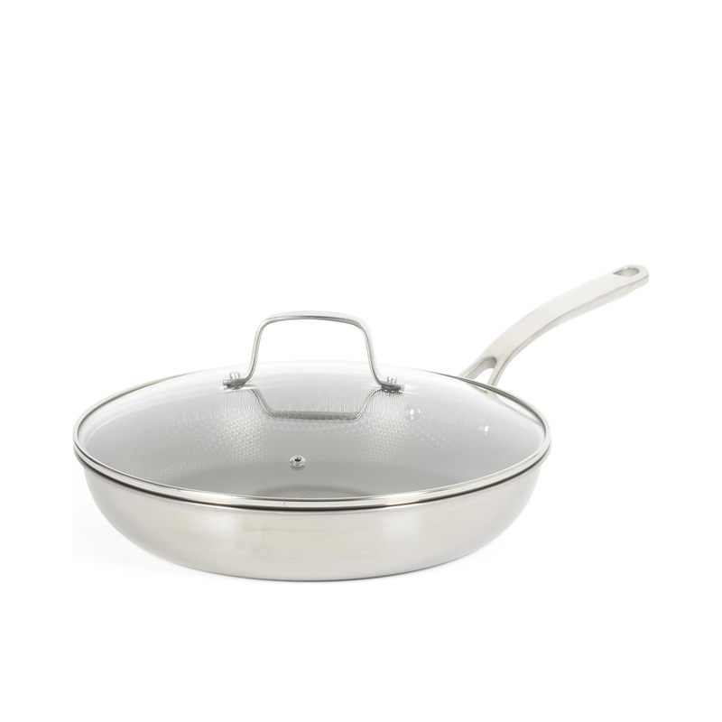 Martha Stewart Badgley 12" Stainless Steel Frying Pan w/ Glass Lid - Etching Ceramic Non-Stick Interior - Stainless Steel Handle - Color Sleeve w/ Remailer