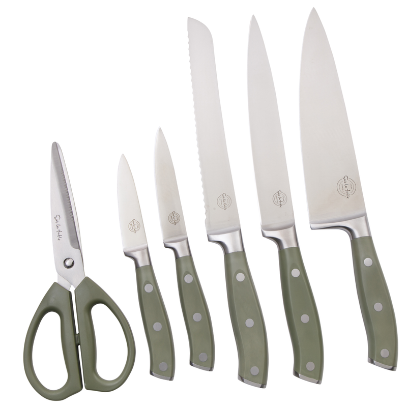 Sur La Table Kitchen Essentials 7pc Stainless Steel Cutlery Set w/ Carbonized Ashwood Block - German Steel - Taper Stone Finished - Pom Handle - GBX w/ RM