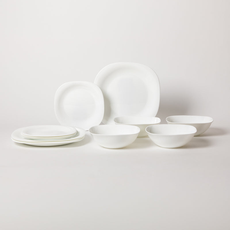 Gibson Home Ultra Piazza 12pc Opal Glass Dinnerware Set - White - Soft Square - Gift Box
