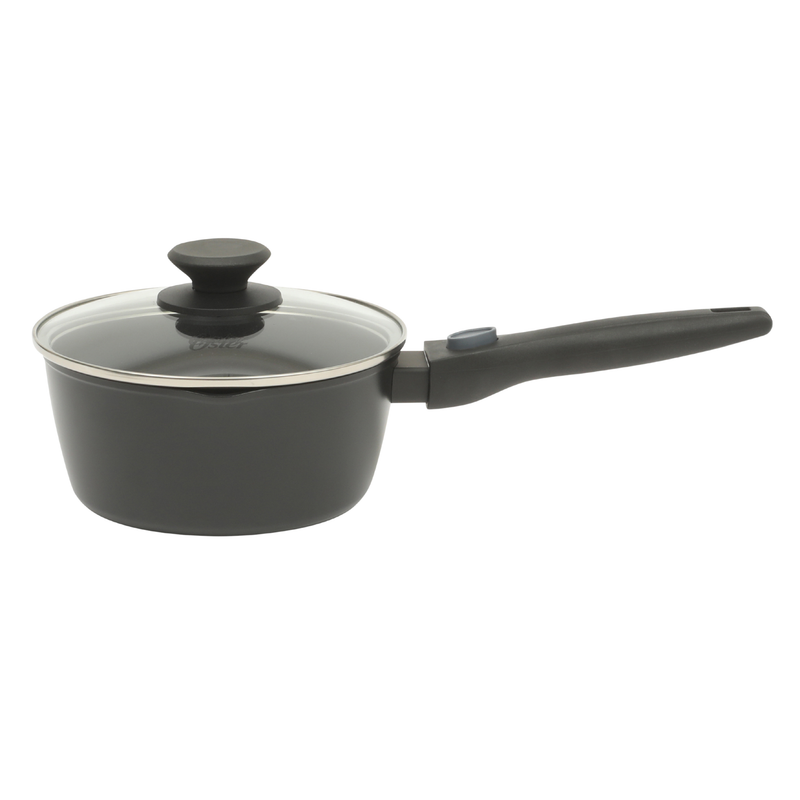 Oster Smarthandle Advance 4pc Forged Aluminum 1.8 qt Sauce Pan w/ Lid & 10" Frying Pan w/ Detachable Handle - Matte Black - Non-Stick Interior - Induction Base - Bakelite Handle - Gift Box (Open Window)
