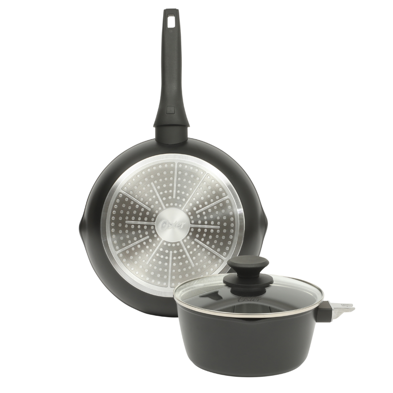 Oster Smarthandle Advance 4pc Forged Aluminum 1.8 qt Sauce Pan w/ Lid & 10" Frying Pan w/ Detachable Handle - Matte Black - Non-Stick Interior - Induction Base - Bakelite Handle - Gift Box (Open Window)