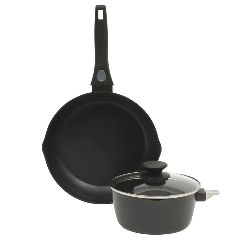 Oster Smarthandle Advance 4pc Forged Aluminum 1.8 qt Sauce Pan w/ Lid & 10" Frying Pan w/ Detachable Handle - Matte Black - Non-Stick Interior - Induction Base - Bakelite Handle - Gift Box (Open Window)