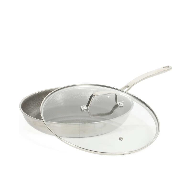 Martha Stewart Badgley 12" Stainless Steel Frying Pan w/ Glass Lid - Etching Ceramic Non-Stick Interior - Stainless Steel Handle - Color Sleeve w/ Remailer