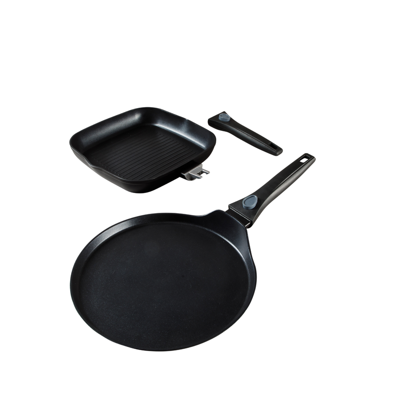 Oster Smarthandle Advance 3 pc Forged Aluminum 10" Round Pancake Pan & 9.5" Square Grill w/ Detachable Handle - Matte Black - Non-Stick Interior - Induction Base - Bakelite Handle - Gift Box (Open Window)