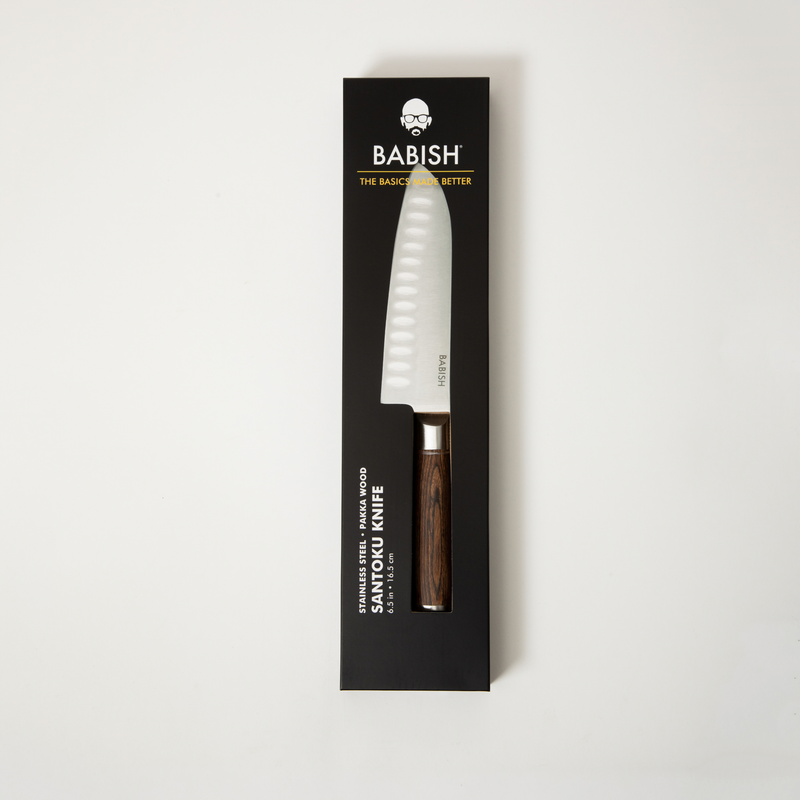Babish 6.5" German Steel Santoku Knife w/ Paka Wood Handle - Gift Box w/ Remailer