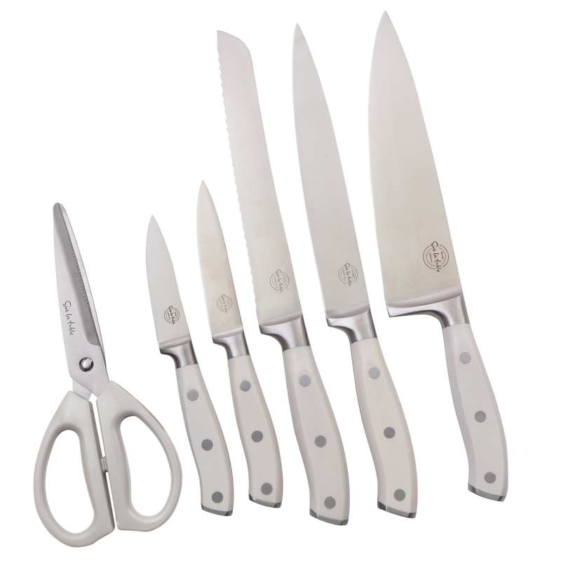 Sur La Table Kitchen Essentials 7pc Stainless Steel Cutlery Set w/ Carbonized Ashwood Block - German Steel - Taper Stone Finished - Pom Handle - GBX w/ RM