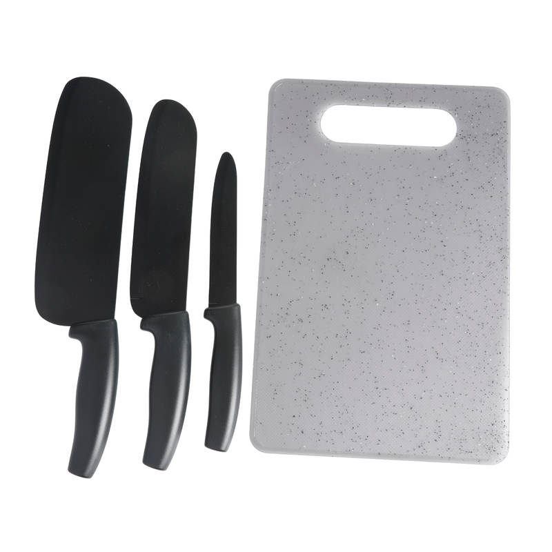 Gibson Home Edge Craft 4 pc Stainless Steel Cutlery Set w/ PP Grey Speckle Cutting Board - Black - Clam Pack