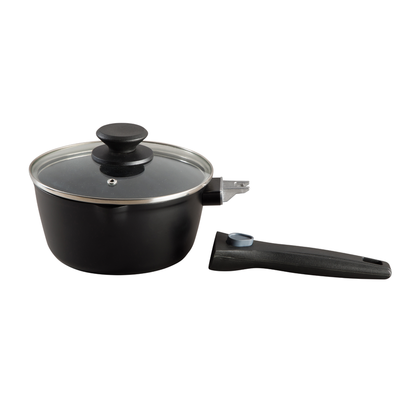 Oster Smarthandle Advance 4pc Forged Aluminum 1.8 qt Sauce Pan w/ Lid & 10" Frying Pan w/ Detachable Handle - Matte Black - Non-Stick Interior - Induction Base - Bakelite Handle - Gift Box (Open Window)