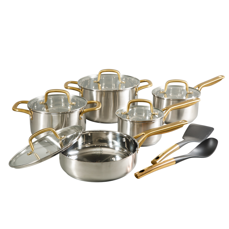 Oster Davinelle 12pc Stainless Steel Cookware Set w/ Kitchen Tools - Gold PVD Handle - Gift Box