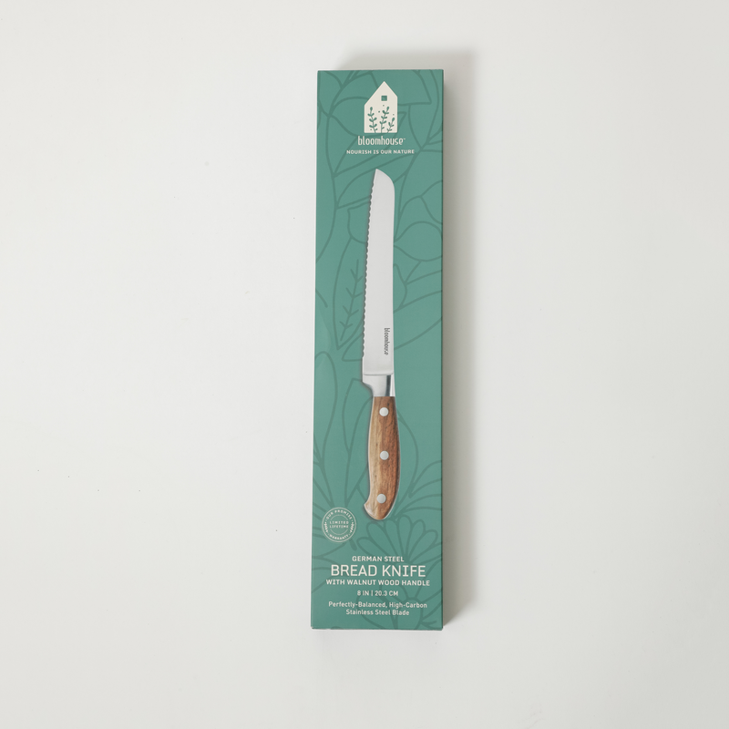 Bloomhouse 8" Stainless Steel Bread Knife - German Steel Blade - Walnut Wood Handle - Mirror Polish - GBX w/ Remailer