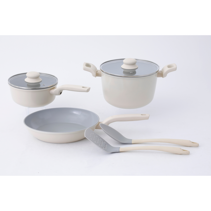 Gibson Home Barnsdall 7 pc Aluminum Cookware Set w/ Kitchen Tools - Ceramic Non-Stick Interior - Soft Touch Bakelite Handle - Gift Box