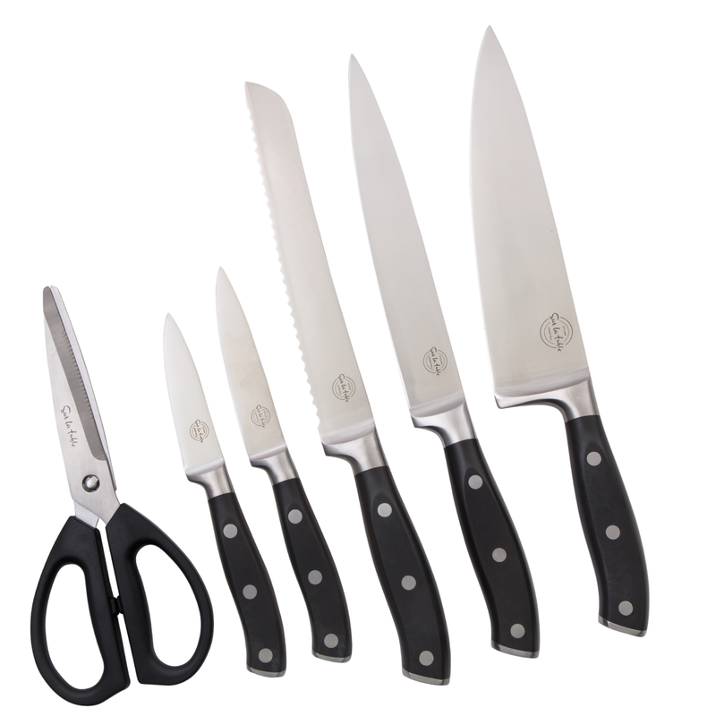 Sur La Table Kitchen Essentials 7pc Stainless Steel Cutlery Set w/ Carbonized Ashwood Block - German Steel - Taper Stone Finished - Pom Handle - GBX w/ RM