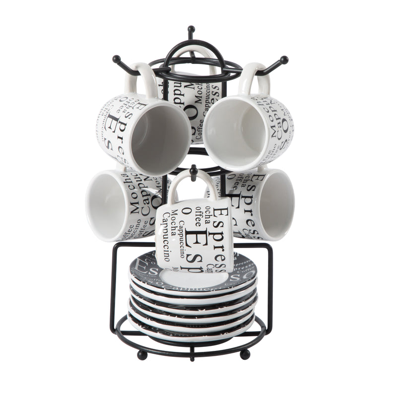 Gibson Home Espresso Expressions 12pc 2.7oz Espresso Cup & Saucer Set w/ Metal Caddy - White/Black - Gift Box