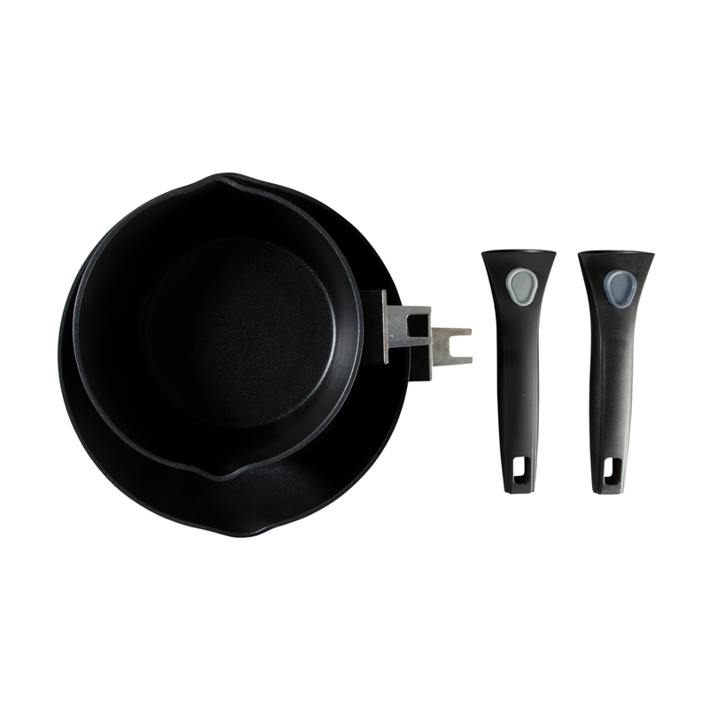 Oster Smarthandle Advance 4pc Forged Aluminum 1.8 qt Sauce Pan w/ Lid & 10" Frying Pan w/ Detachable Handle - Matte Black - Non-Stick Interior - Induction Base - Bakelite Handle - Gift Box (Open Window)