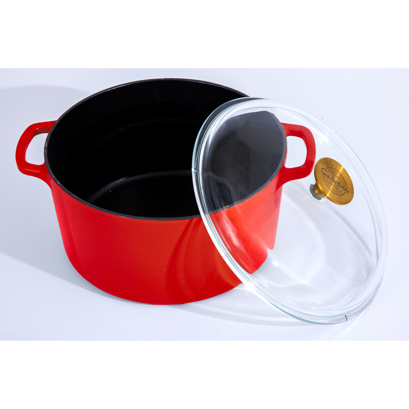Sur La Table Kitchen Essentials Supper Club 5.5 qt Enamel Cast Iron Dutch Oven w/ Borosilicate Lid - Glossy Enamel In/Ext - Stainless Steel Knob -Enameled - Color Sleeve w/ RM