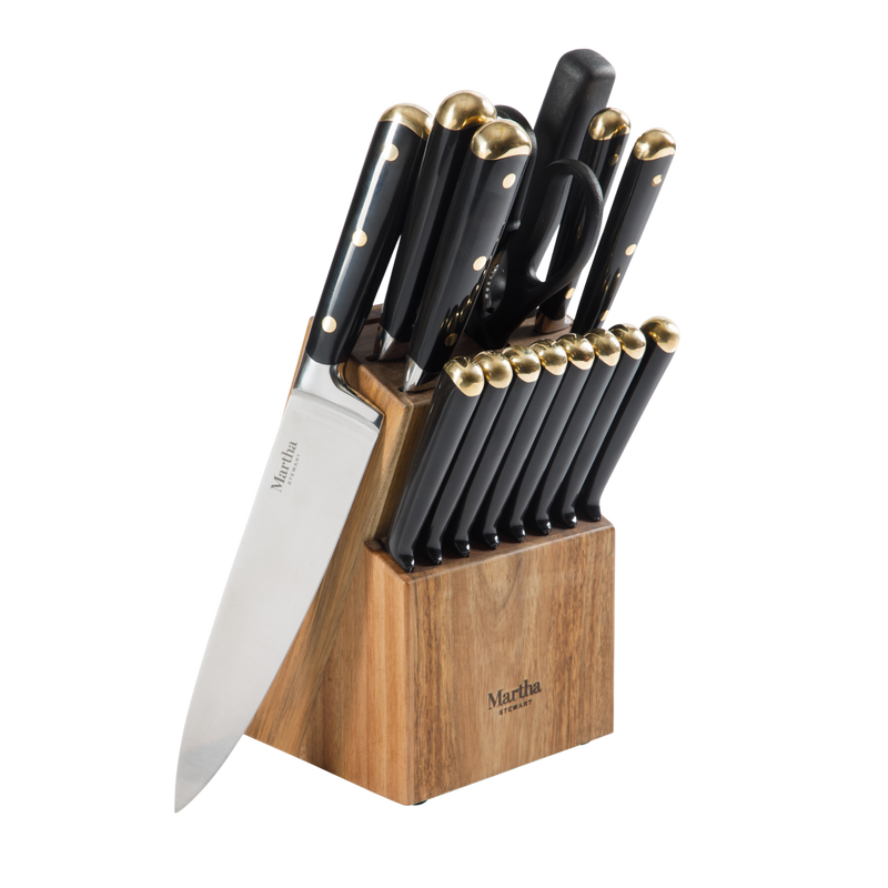 Martha Stewart Lockton 16pc Stainless Steel Cutlery Set w/ Acacia Wood Block - ABS Forged Handle - Gift Box w/ Remailer