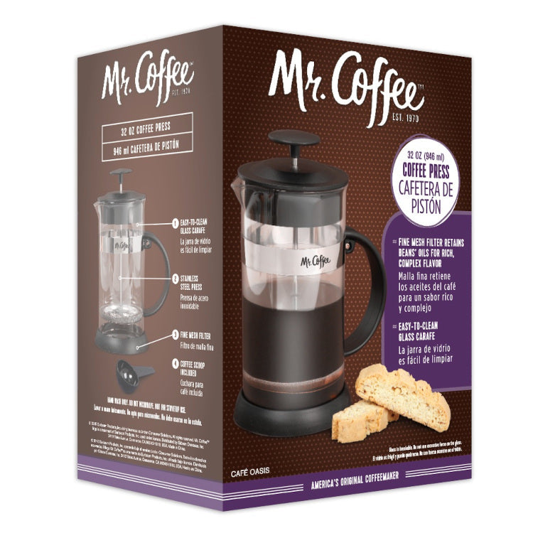 Mr. Coffee Cafe  Oasis 32oz Glass Coffee Press w/ Scoop - Black - PP Handle & Knob - Stainless Steel Band - Gift Box