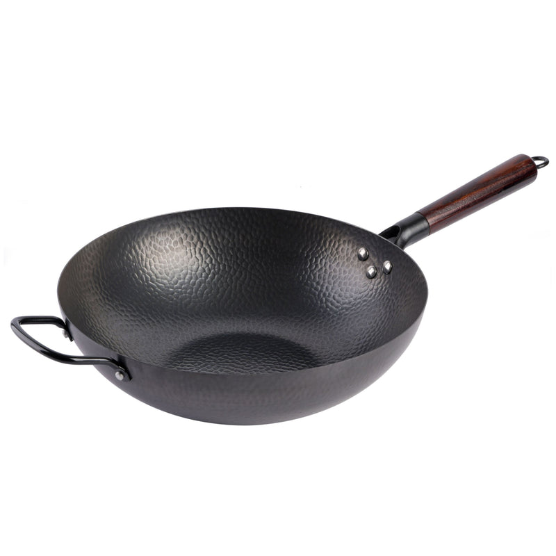Gibson Home Stargaze Hammered 13" Rust Resistant Carbon Steel Wok - Black - Hammered Exterior - Wood/CS Handle - Color Sleeve
