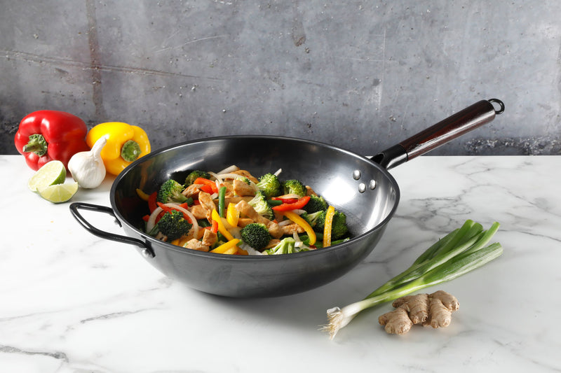 Gibson Home Stargaze Debossed 13" Rust Resistant Carbon Steel Wok - Black - Debossed Exterior - Wood/CS Handle - Color Sleeve