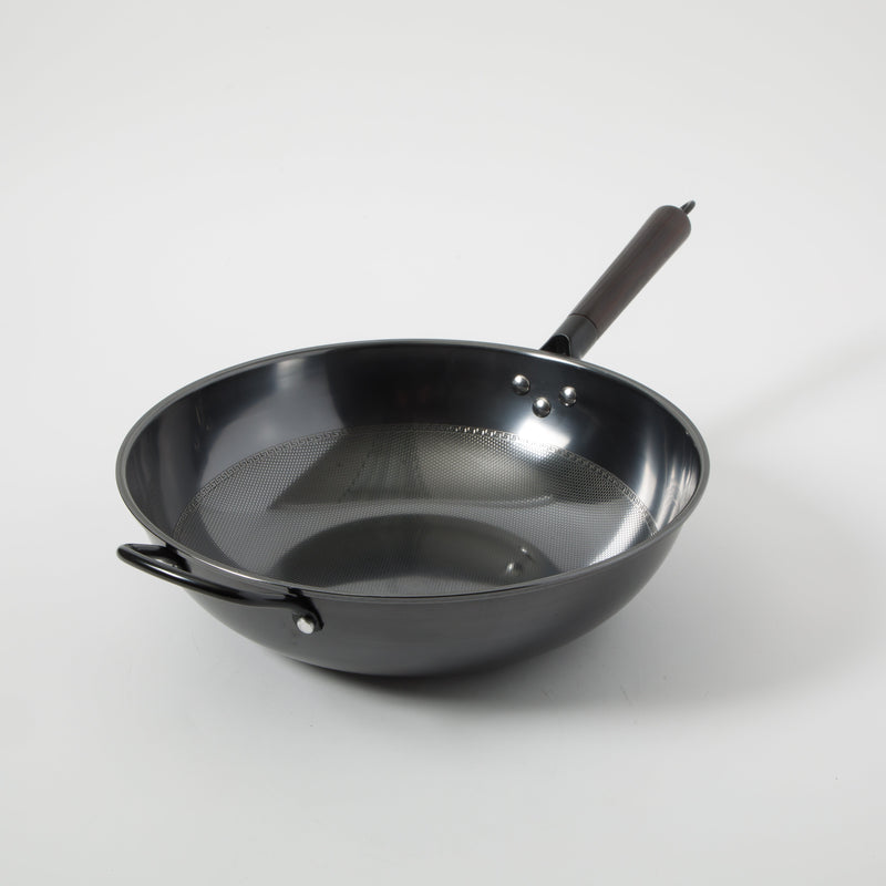 Gibson Home Stargaze Debossed 13" Rust Resistant Carbon Steel Wok - Black - Debossed Exterior - Wood/CS Handle - Color Sleeve