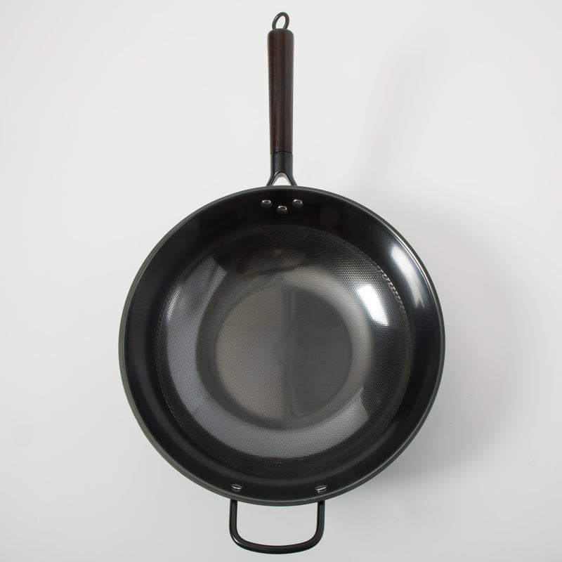 Gibson Home Stargaze Debossed 13" Rust Resistant Carbon Steel Wok - Black - Debossed Exterior - Wood/CS Handle - Color Sleeve